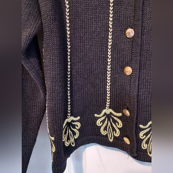 Lise J Womens Black Cardigan Sweater Gold Braid Embroidery Button Vintage Medium - Picture 7 of 11